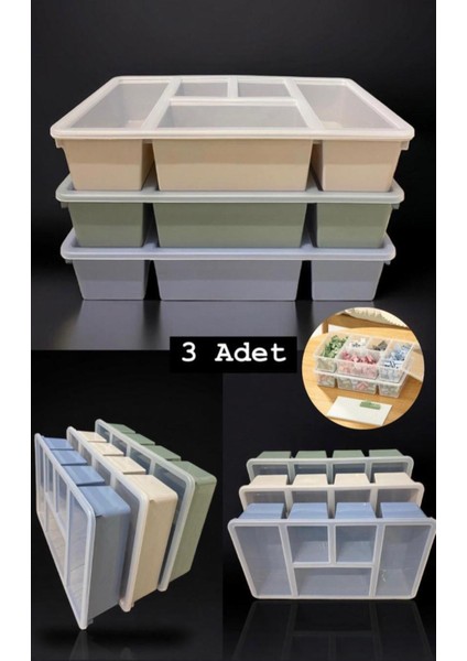 Renkli 3'lü Çok Bölmeli Plastik Organizer, Gri, Kapaklı ve Çekmeceli Set