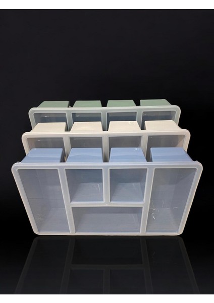 Renkli 3'lü Çok Bölmeli Plastik Organizer, Gri, Kapaklı ve Çekmeceli Set modelleri