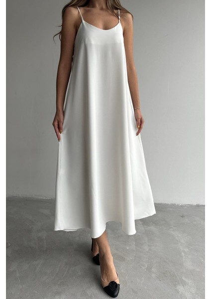 Kadın Beyaz Ayarlanabilir Askılı Pamuklu Yazlık Uzun Elbise fiyatları