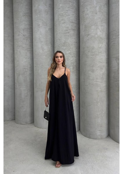 Kadın Siyah Ayarlanabilir Askılı Pamuklu Yazlık Uzun Elbise