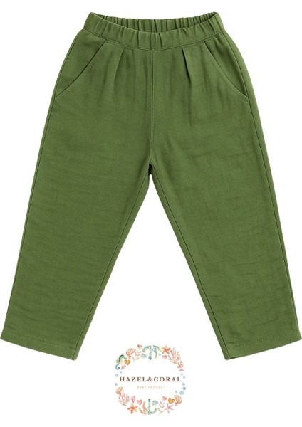 Çift Katlı Müslin Unisex Çocuk Pantolon %100 Doğal Pamuklu Zümrüt Yeşili 5-6 Yaş