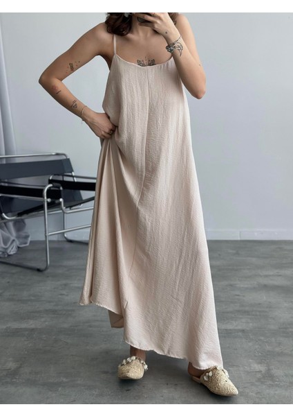 Kadın Bej Ayarlanabilir Askılı Pamuklu Yazlık Uzun Elbise