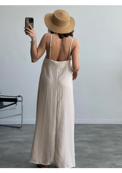 Kadın Bej Ayarlanabilir Askılı Pamuklu Yazlık Uzun Elbise fiyatları