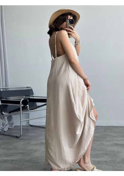 Kadın Bej Ayarlanabilir Askılı Pamuklu Yazlık Uzun Elbise modelleri