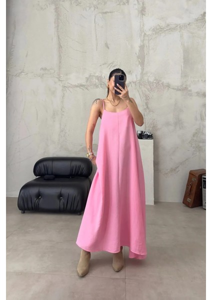 Kadın Pembe Ayarlanabilir Askılı Pamuklu Yazlık Uzun Elbise