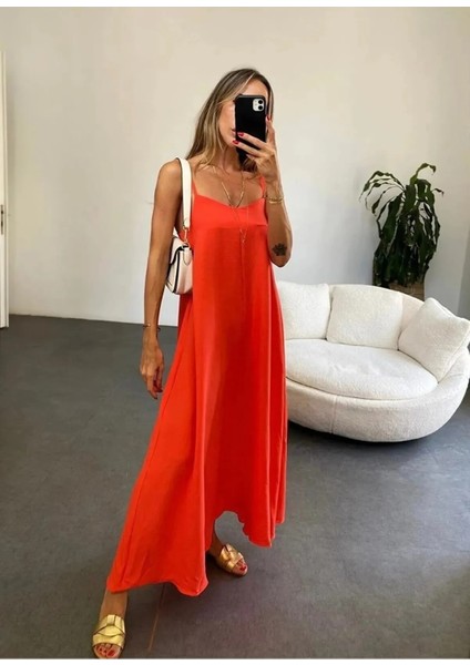 Kadın Orange Ayarlanabilir Askılı Pamuklu Yazlık Uzun Elbise