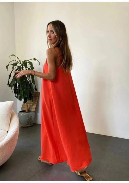 Kadın Orange Ayarlanabilir Askılı Pamuklu Yazlık Uzun Elbise fiyatları