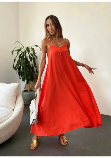 Kadın Orange Ayarlanabilir Askılı Pamuklu Yazlık Uzun Elbise modelleri