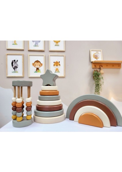 Yıldız Halka Kule Set (Halka Kule + Abaküs + Gökkuşağı )Ahşap Oyuncak Dekor Montessori Oyuncak