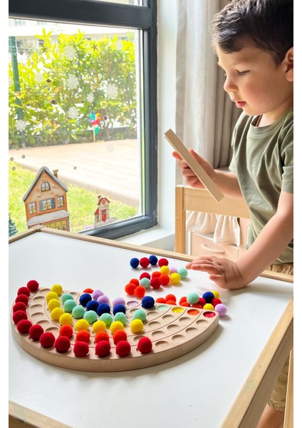 Montessori Eğitici Ahşap Oyuncak – Ahşap Gökkuşağı ve Renkli Keçe Topları