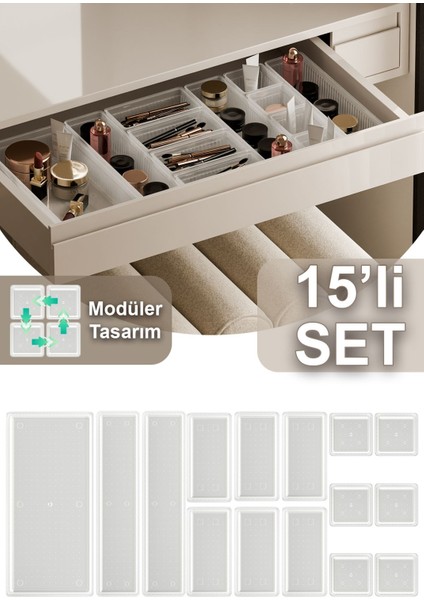 Şeffaf 15'li makyaj düzenleyici set, çekmece içi organize ve kullanışlı plastik ürün
