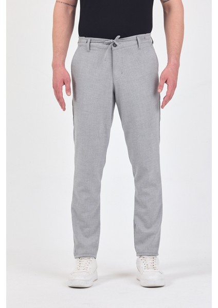 Theseason Erkek Açık Gri Likralı Kırışmaz Lastikli Comfort Fit Chino Pantolon