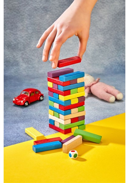 Tower Renkli Jenga Büyük Boy Doğal Ahşap Denge Oyunu Kule Oyunu Tower 54 Adet