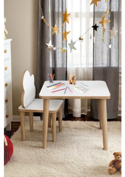 Ahşap Yaz Sil Yüzeyli, Çizilmez, Boyanabilir Çocuk Oyun ve Etkinlik Masası ve Bulut Desenli Sandaly