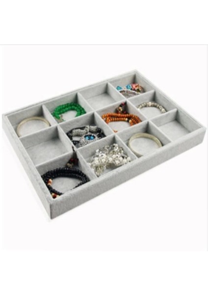 Gri Süet Takı Düzeni, 12 Bölmeli Çekmece İçi Standı, Kadife Malzeme