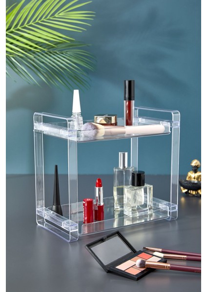 Şeffaf 2 Katlı Makyaj ve Banyo Düzenleyici Rafı, Turuncu plastik stand