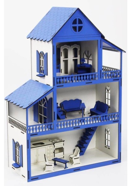 Ahşap Oyuncak Ev 80 cm Mavi Ev Barbie ve Lol Uyumlu Çocuk Oyuncak Ev fiyatları