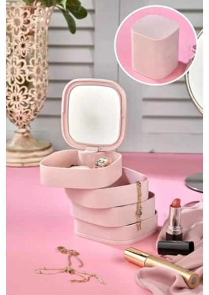 Pembe 4 Katlı Döner Kare Aynalı Takı Saklama Kutusu, şık ve pratik organizer fiyatları