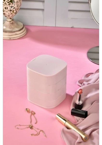 Pembe 4 Katlı Döner Kare Aynalı Takı Saklama Kutusu, şık ve pratik organizer modelleri