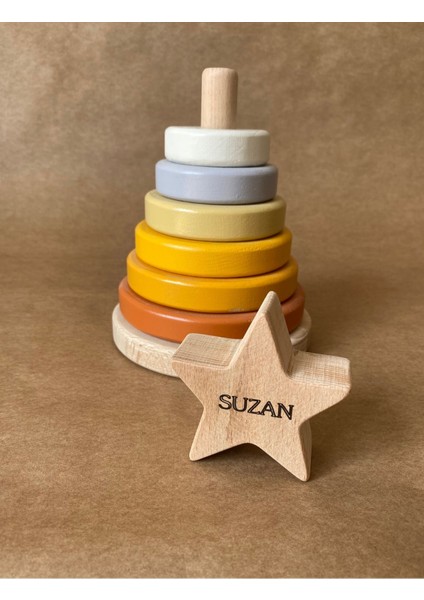 Isme Özel Ahşap Yıldız Halka Kule | Montessori Eğitici Oyuncak & Dekoratif Ahşap Hanoi