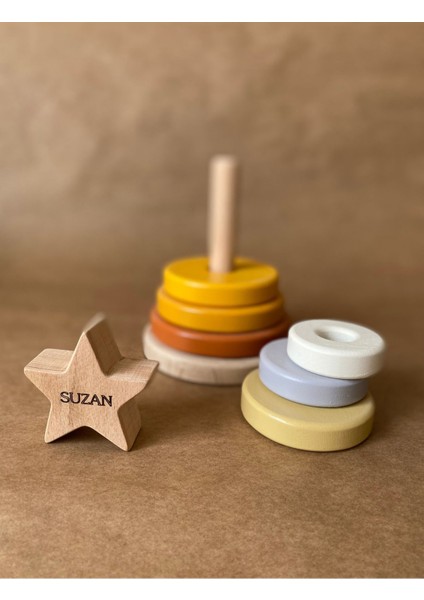Isme Özel Ahşap Yıldız Halka Kule | Montessori Eğitici Oyuncak & Dekoratif Ahşap Hanoi