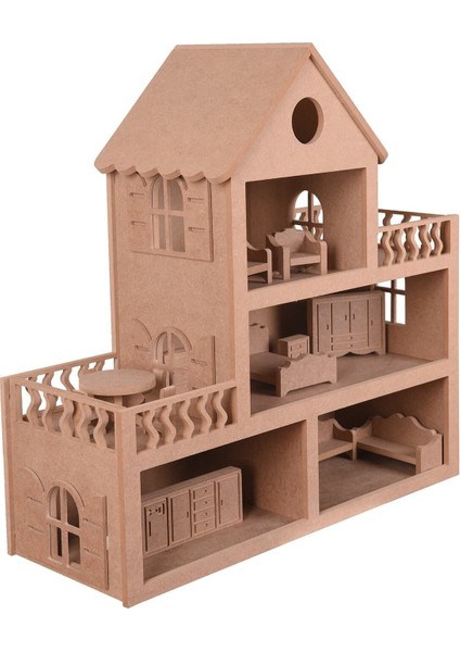 Ahşap Oyuncak Barbie Evi + Ahşap Minyatür Oyuncak Mobilya Takımı