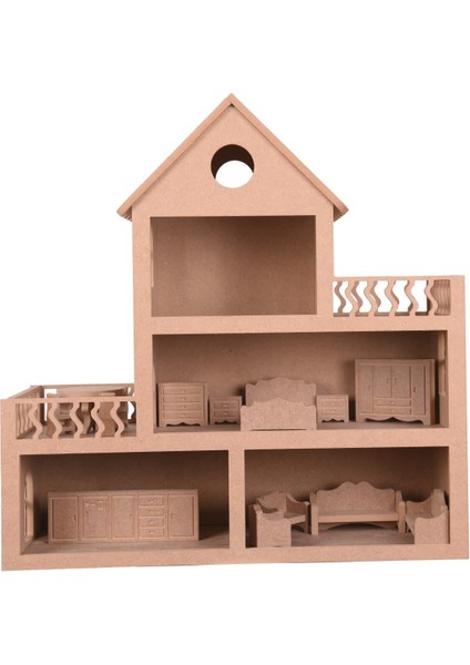 Ahşap Oyuncak Barbie Evi + Ahşap Minyatür Oyuncak Mobilya Takımı
