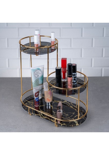 Mermer desenli, çift katlı, 3 bölmeli şık metal organizer, altın renkli fiyatları