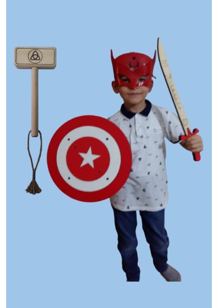 4'lü Ahşap Oyuncak Seti, Kaptan Türkiye Maskesi, Kalkanı, Kılıcı ve Ahşap Thor Çekici