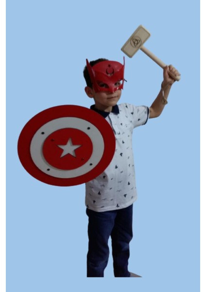 4'lü Ahşap Oyuncak Seti, Kaptan Türkiye Maskesi, Kalkanı, Kılıcı ve Ahşap Thor Çekici indirimleri
