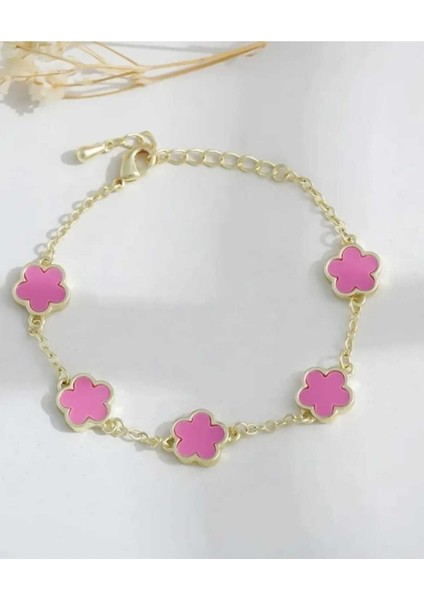 Kadın Altın Renkte Pembe Yonca Bileklik