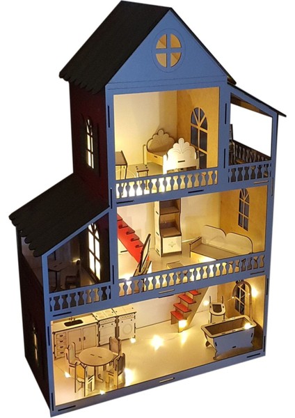 LED Işıklı Sarı Ev Çocuk Evcilik Oyuncak Montessori Barbi Ev 60 cm