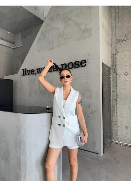 Keten Yelek - Şort Takım - Beyaz