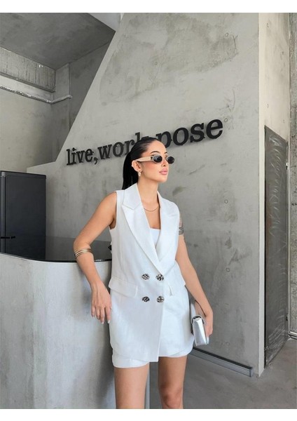 Keten Yelek - Şort Takım - Beyaz modelleri
