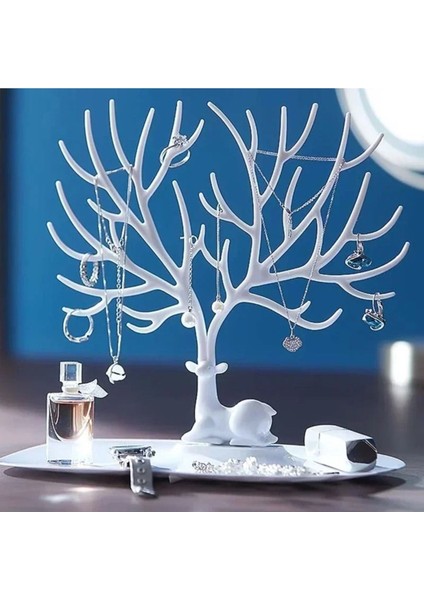 Beyaz Geyik Temalı Takı ve Mücevher Düzenleyici Askı, Plastik, Pratik ve Şık