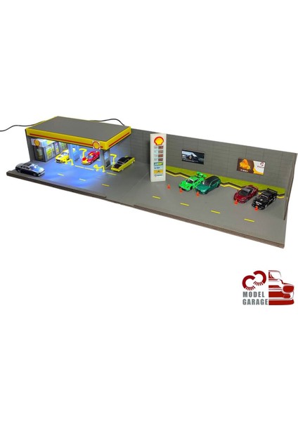 1/64 Ölçek Shell Benzinlik Diorama Otopark Diecast Model Araba Sergileme Rafı Maket Diorama Oyuncak