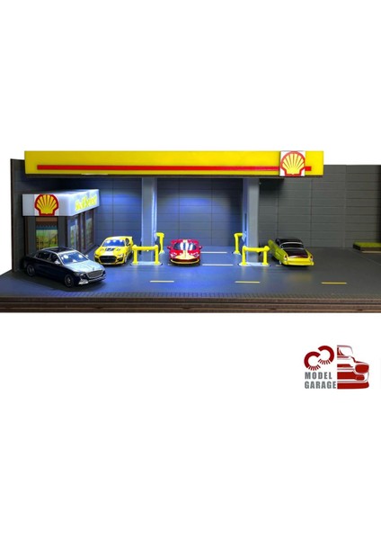 1/64 Ölçek Shell Benzinlik Diorama Otopark Diecast Model Araba Sergileme Rafı Maket Diorama Oyuncak