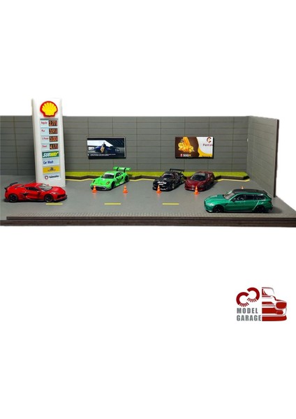 1/64 Ölçek Shell Benzinlik Diorama Otopark Diecast Model Araba Sergileme Rafı Maket Diorama Oyuncak