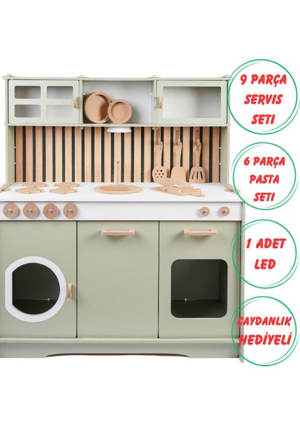 Ahşap Oyuncak Mutfak 9 Parça Servis Seti + LED Hediye + Ahşap Desen Arkalık