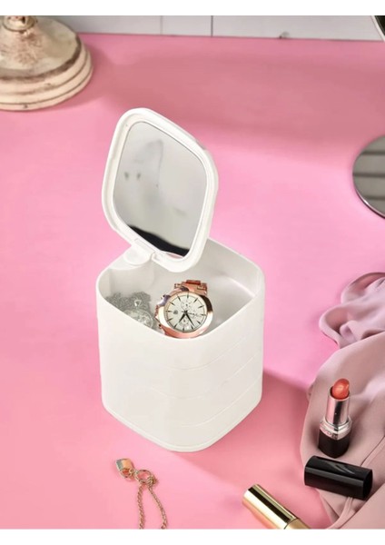 Aynalı 360° dönebilir 4 katlı kare takı ve makyaj düzenleyici, şık ve kullanışlı