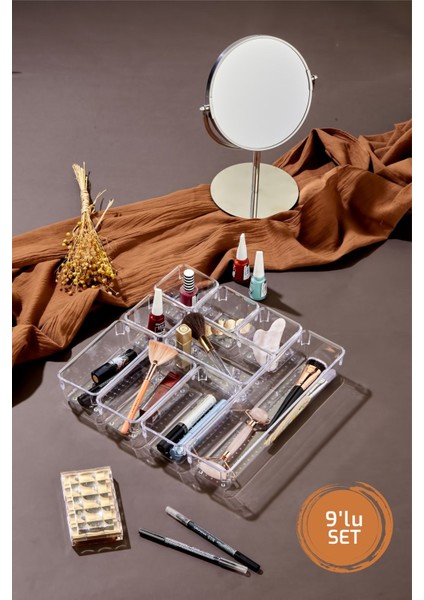 9 Parça Beyaz Şeffaf Çekmece İçi Düzenleyici, Makyaj ve Takı Organizeri