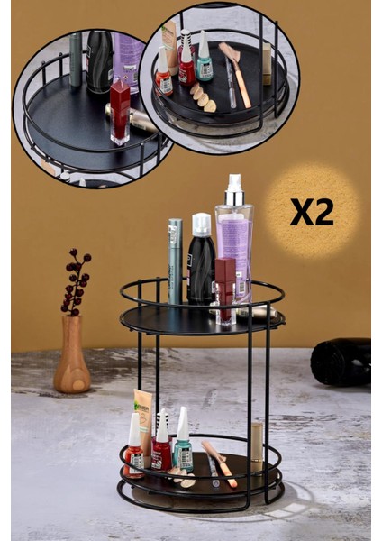 2'li Oval Çok Amaçlı Banyo ve Takı Organizer, 2 Katlı Siyah Metal Tepsi