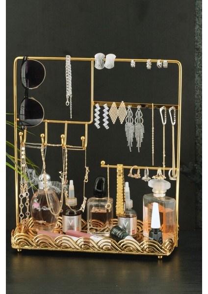 Şık metal takı düzenleyici, aynalı kutu, altın renk, kolye, bileklik ve küpe saklama alanı
