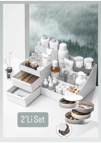2'li Kozmetik ve Takı Düzenleyici Seti, Beyaz, Çekmeceli ve Döner Tasarım