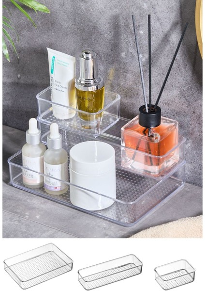 3'lü Şeffaf Çekmece İçi Organizer Seti, Makyaj ve Takı Düzenleyici, Beyaz, Üst Üste Dizilebilir