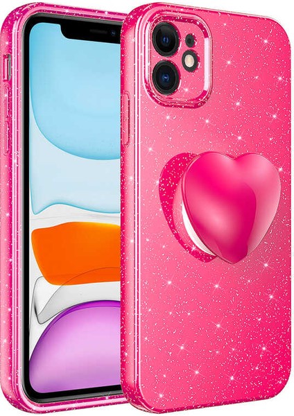 iPhone 11 Kılıf Kamera Korumalı Simli Pop Soketli Lüks Tstk Koton Soketli Kapak-Pembe Koyu