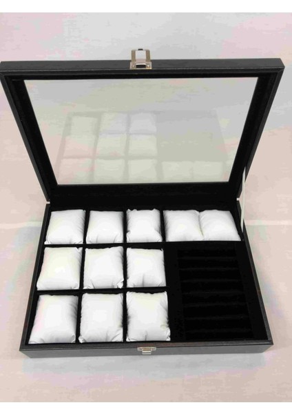 Şık Siyah Deri Kaplı Ahşap Takı Saklama Kutusu, 7 Bölmeli, Modern Tasarım fiyatları