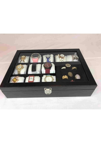 Şık Siyah Deri Kaplı Ahşap Takı Saklama Kutusu, 7 Bölmeli, Modern Tasarım modelleri