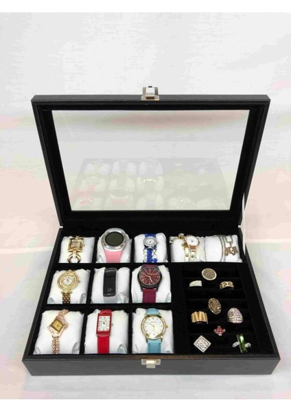 Şık Siyah Deri Kaplı Ahşap Takı Saklama Kutusu, 7 Bölmeli, Modern Tasarım indirimleri