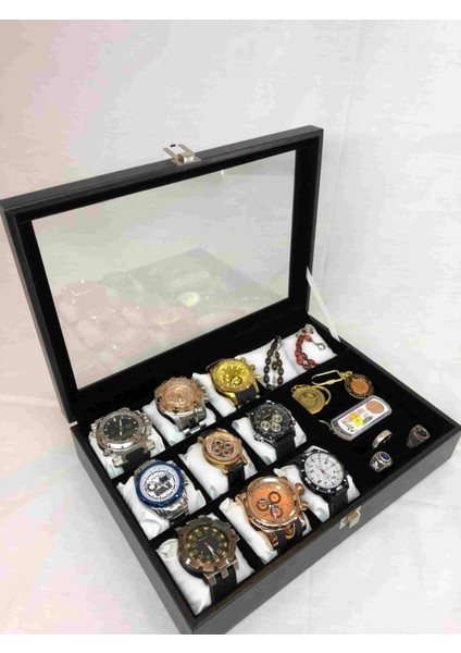 Şık Siyah Deri Kaplı Ahşap Takı Saklama Kutusu, 7 Bölmeli, Modern Tasarım